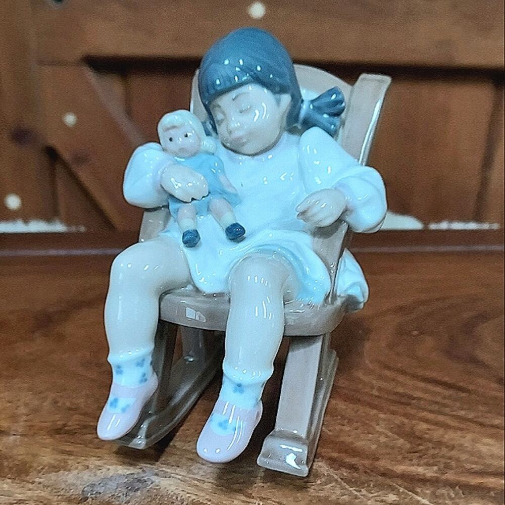 Lladro Naptime 5438 girl asleep with baby doll in rocking chair Retired